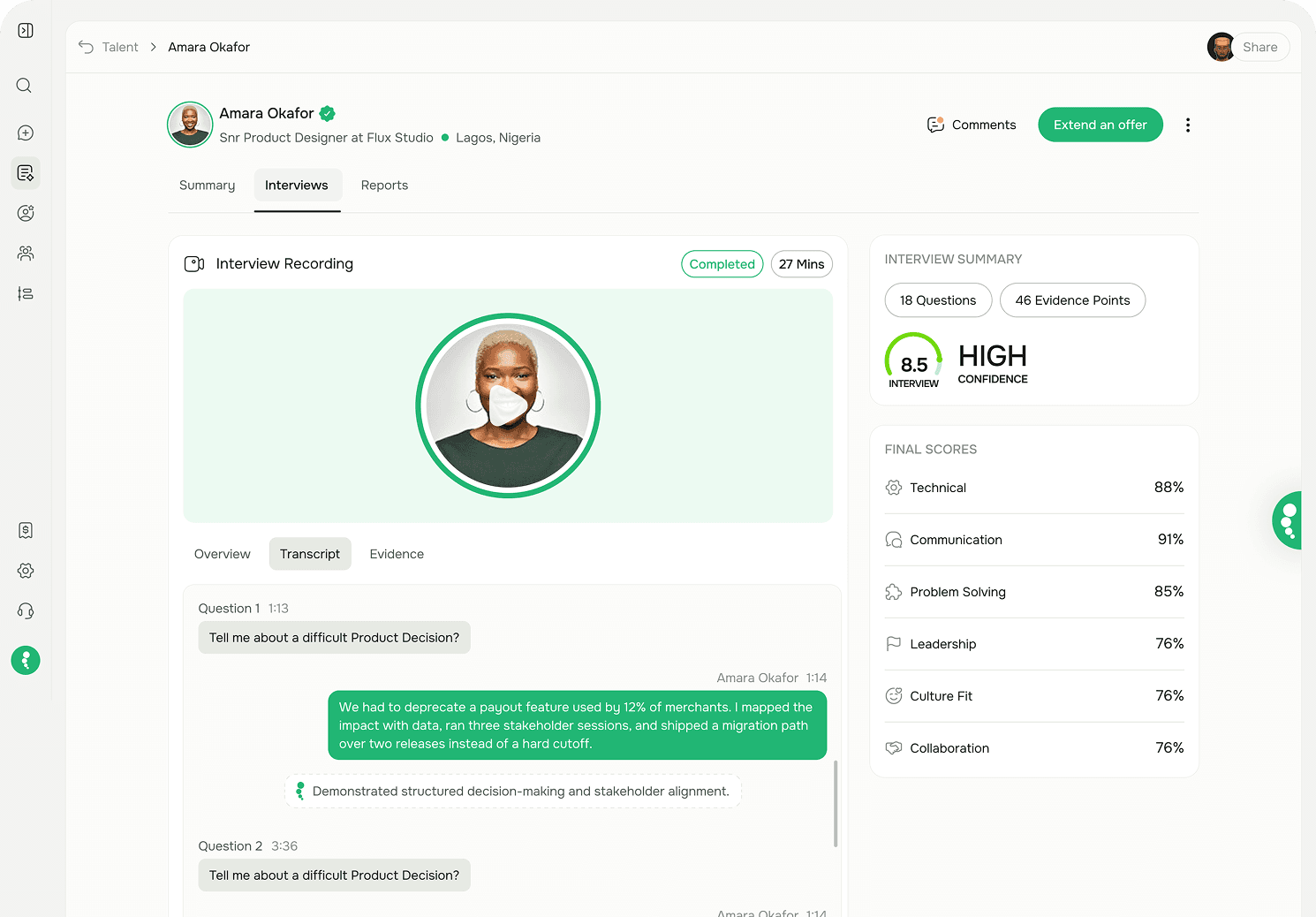 Interview recording and scoring view for a candidate profile