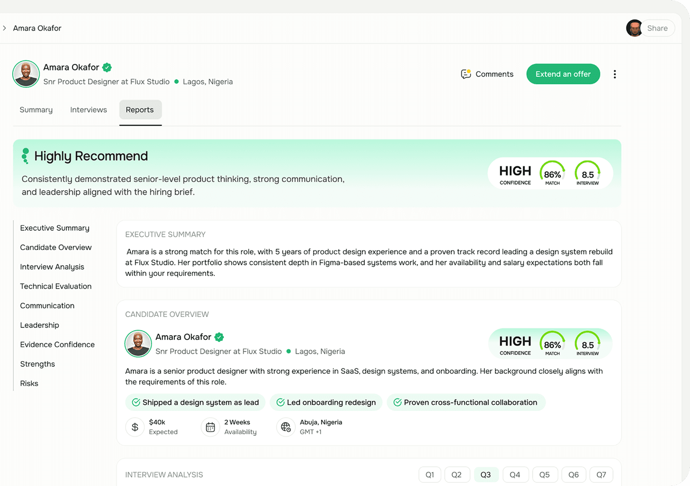 Candidate recommendation report with confidence scores and summary