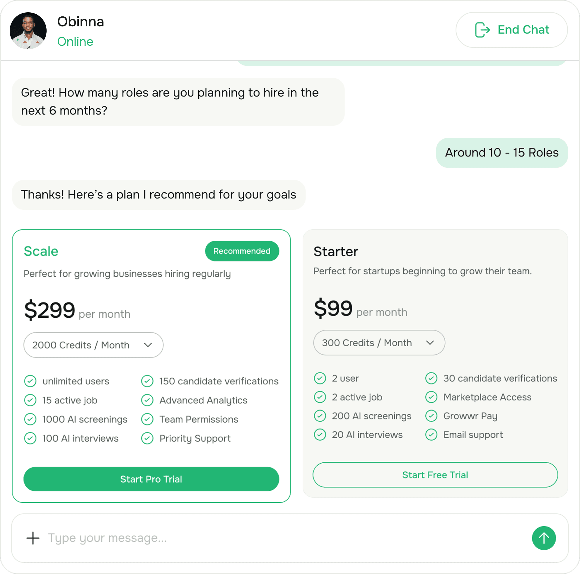 Chat with Growwr sales recommending a hiring plan